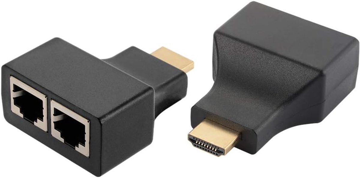 HDMI naar RJ45 Extender 1080P netwerkadapter, 2 stuks, verlengt HDMI via LAN Ethernet tot 30 meter, verliesvrije overdracht naar Cat 5e/6, zender en ontvanger adapter