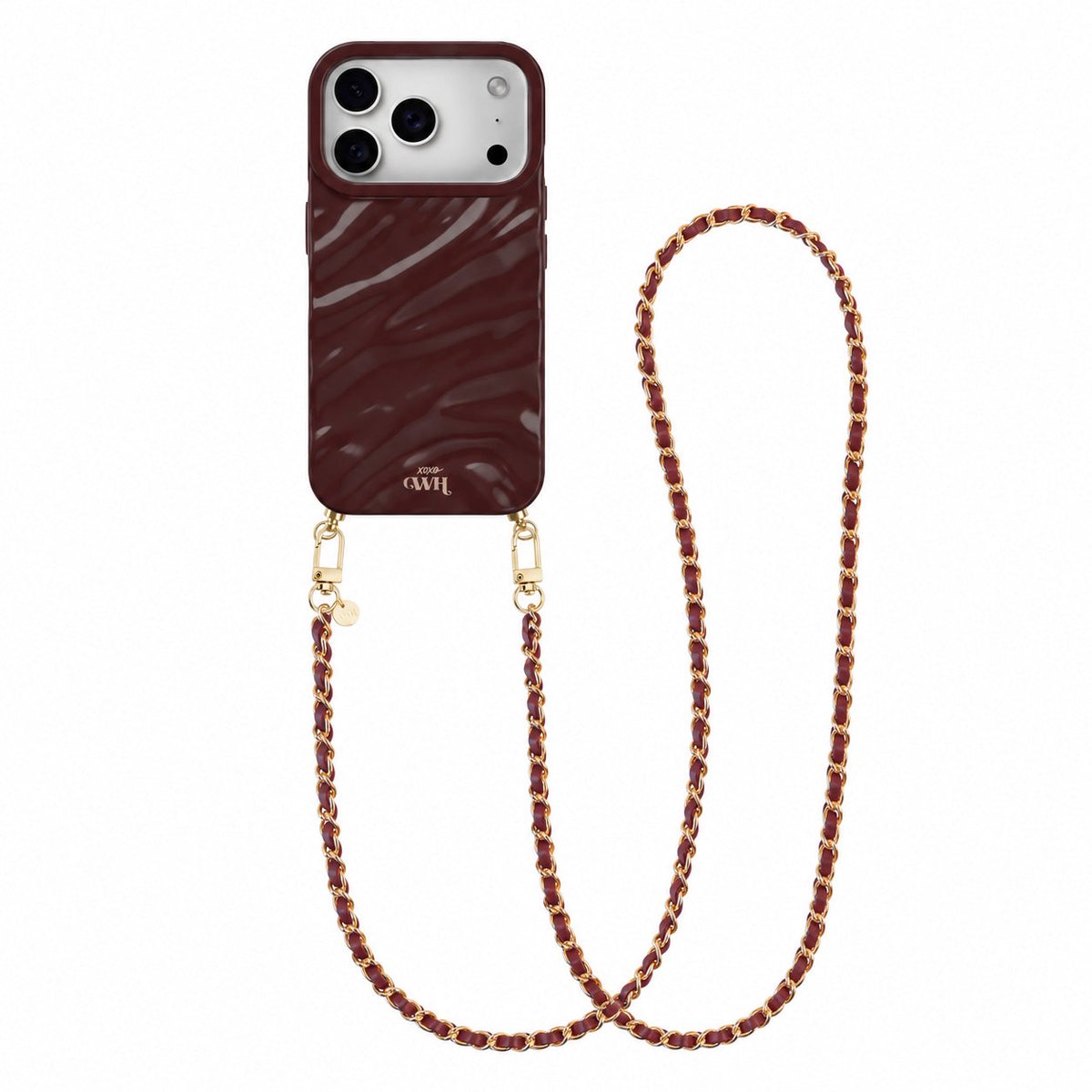 xoxo Wildhearts Burgundy Glaze Case - Classic Chain (lang koord) - geschikt voor iPhone 17 Pro - Dream hoesje met telefoonkoord - Glimmende case met plooien - Telefoon hanger schakelketting - Bordeaux rood / Burgundy