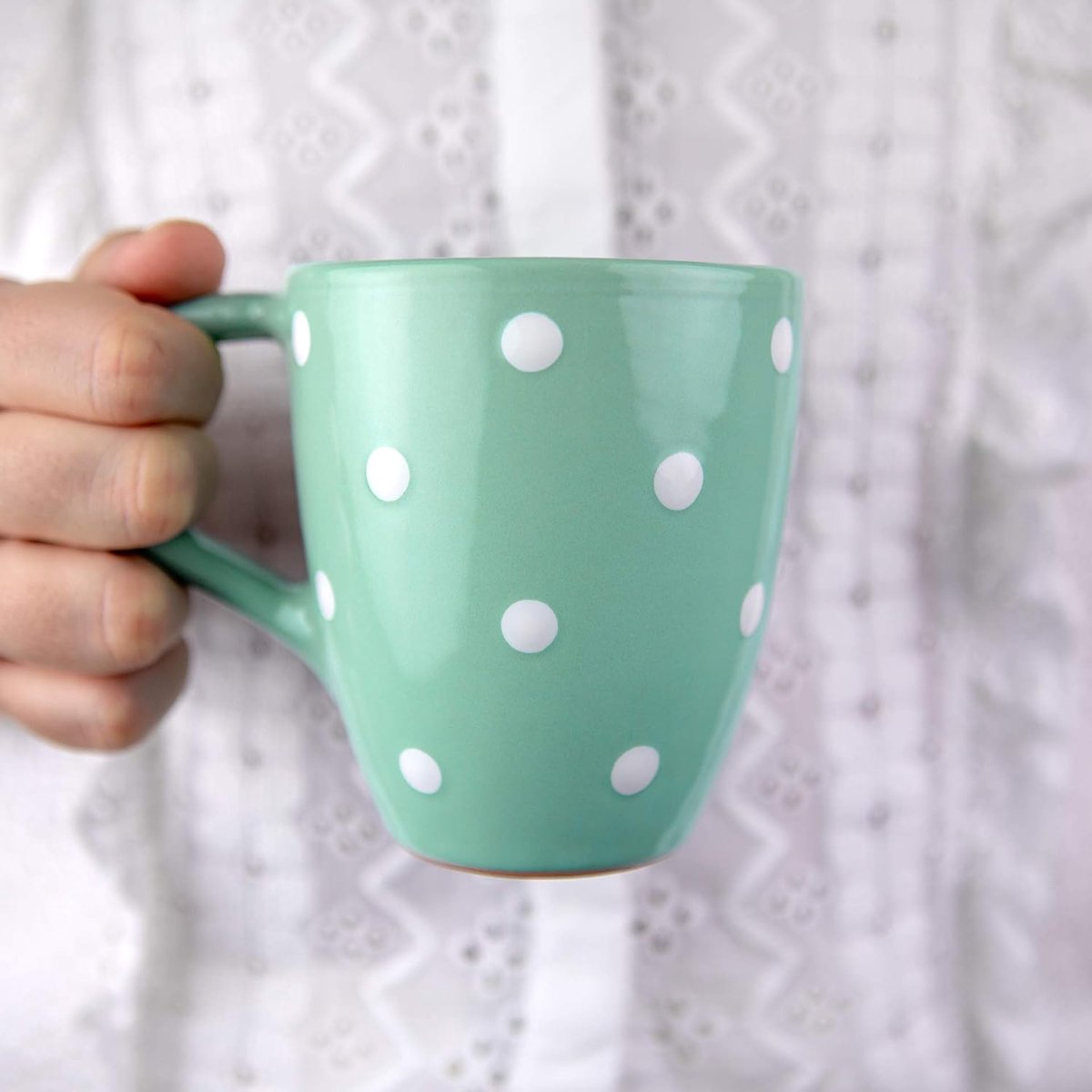 To Cottage Groenblauw Wit | Polka Dot | Handgemaakt Handgeschilderd | Keramiek 300ml | Chocolademelk, Koffie, Thee Mok Groot Handvat | Cadeau