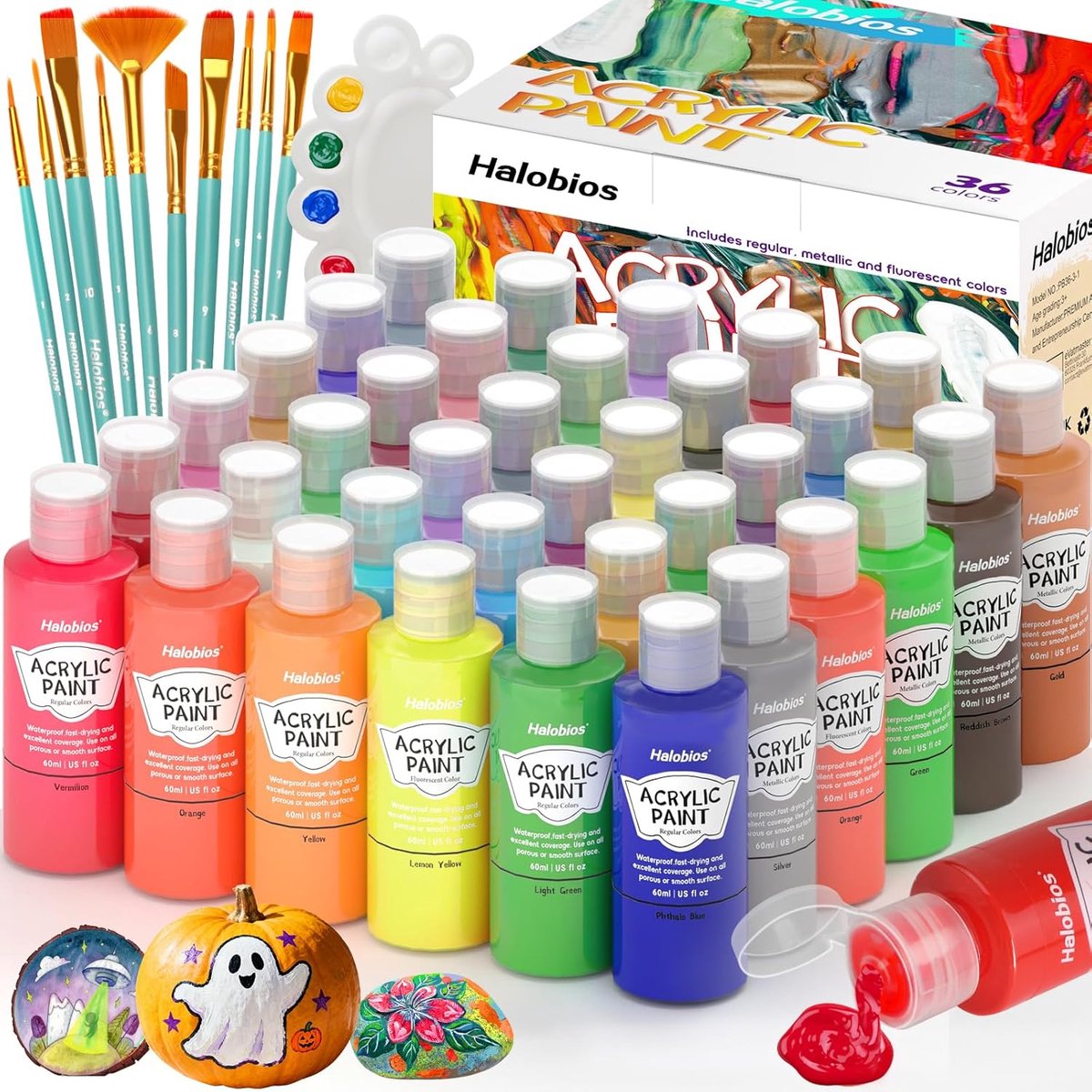 SnelShoppen - Halobios Acrylverfset met Penseel en Palet, 36 x 60 ml, Hoogwaardige Niet-Giftige Acrylverf met Fluorescerende en Metallic Kleuren, Snel