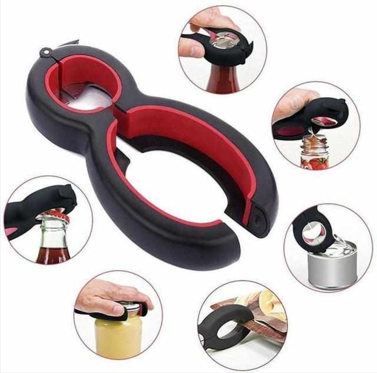 Okado 6-in-1 Allesopener - Voor Potten, Flessen en Blikjes - Zwart/Rood