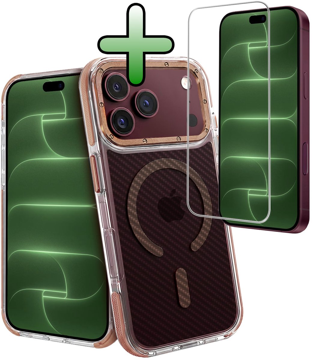 Hoesje Met Screenprotector - Geschikt voor Apple iPhone 18 Pro - Magsafe Compatible - Carbon Look - Sterk & Shockproof - Back Cover - Shock Proof Case - Telefoon Hoes - Bruin
