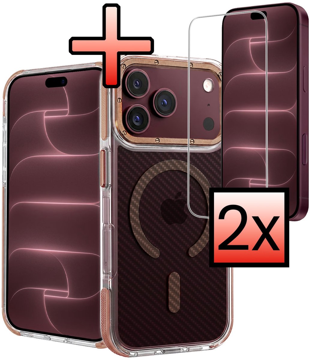 Hoesje - Met 2x Screenprotector - Geschikt voor Apple iPhone 18 Pro - Magsafe Compatible - Carbon Look - Sterk & Shockproof - Back Cover - Shock Proof Case - Telefoon Hoes - Bruin