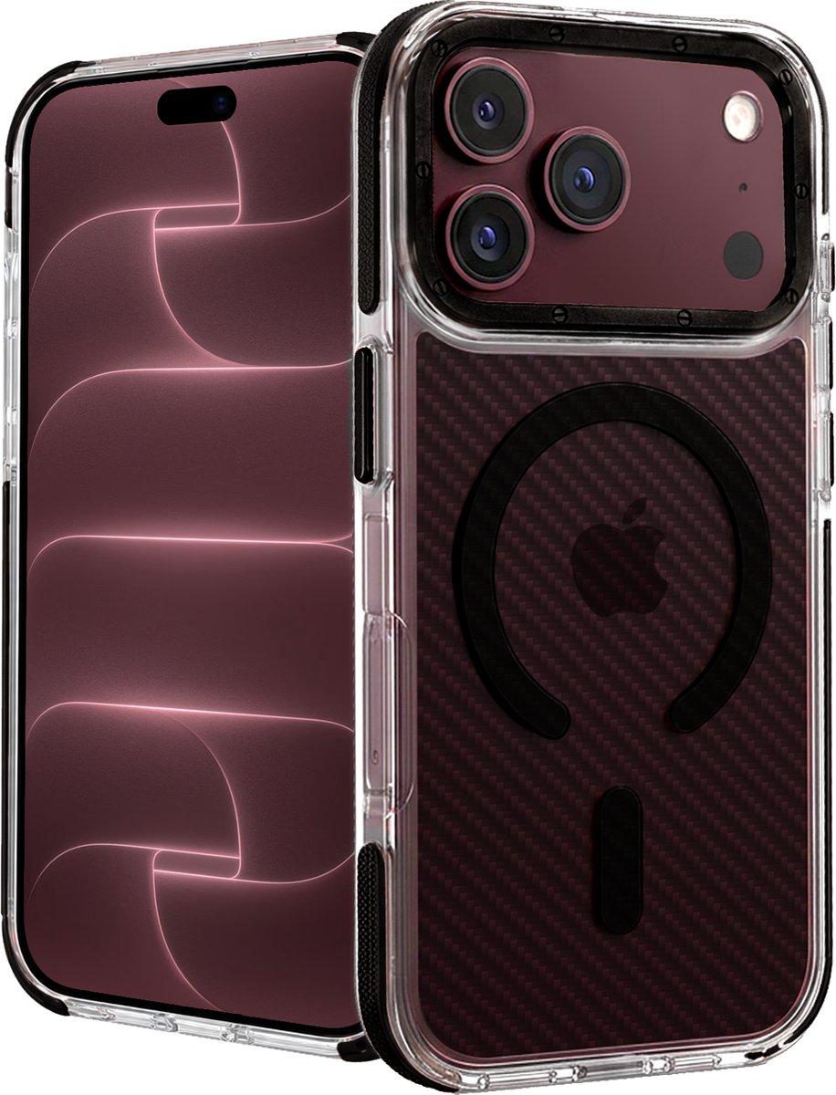 Hoesje - Geschikt voor Apple iPhone 18 Pro Max - Magsafe Compatible - Carbon Look - Sterk & Shockproof - Back Cover - Shock Proof Case - Telefoon Hoes Shockproof - Zwart