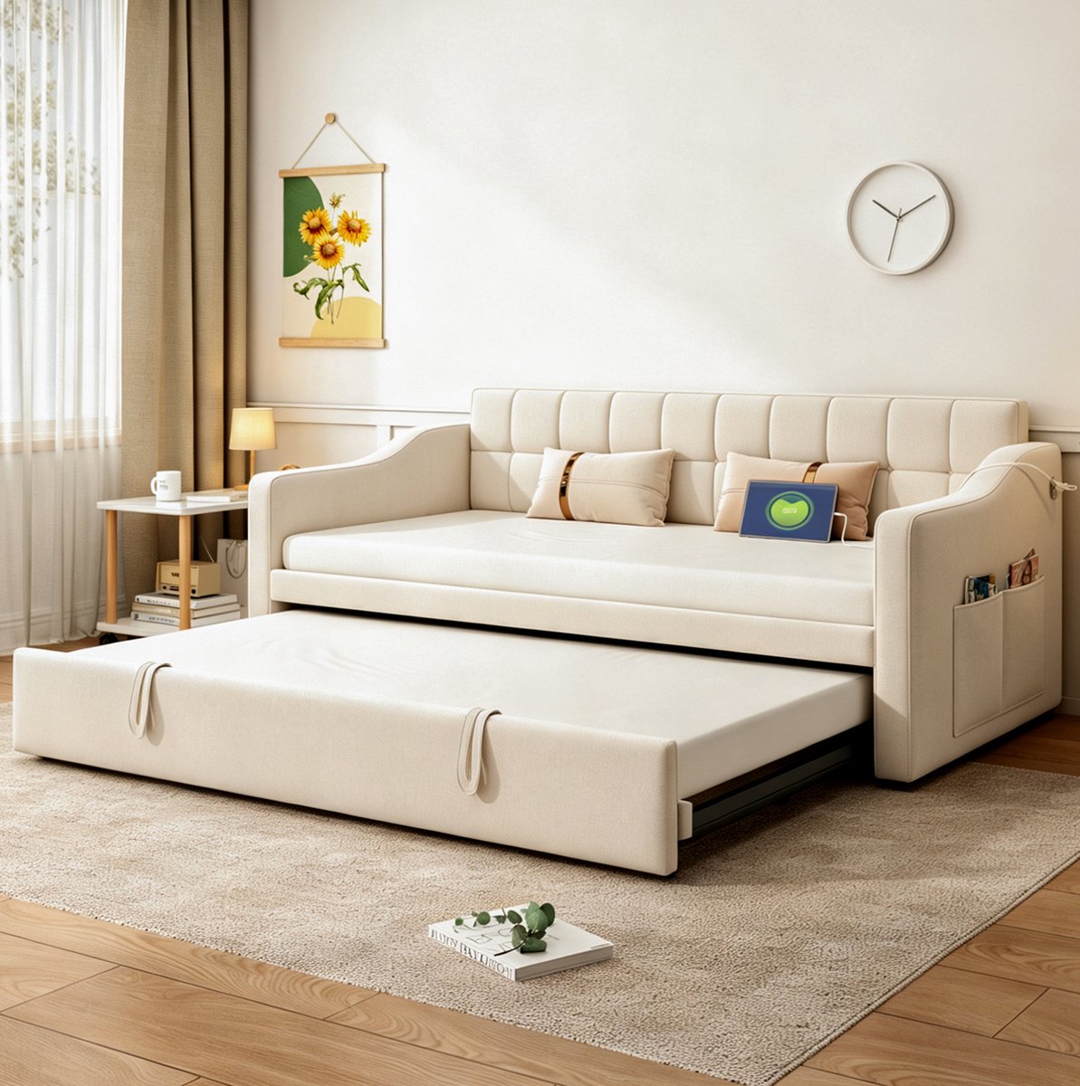 DESMIU Slaapbank 90x190 cm – Uittrekbaar tot 180 cm – USB-Oplaadpoorten – Lattenbodem met 24 Latten – Zonder Matras – Beige Velours