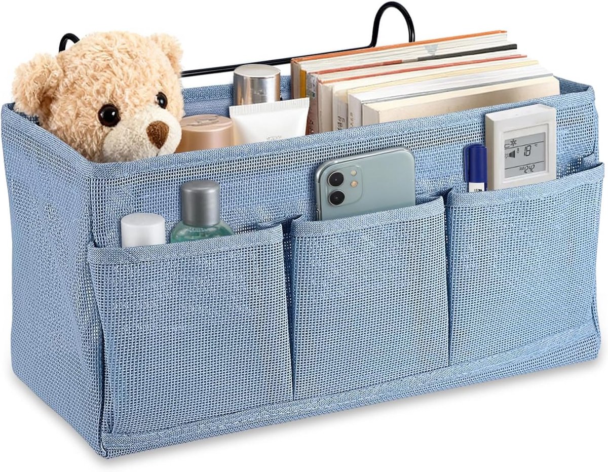 Nachtkastje-Ophangopslag, Bedorganizer om op te hangen, ophangopbergzakken, Bedorganizer, Ophangopbergtas voor Bed met 3 Vakjes, Ophangopbergtas voor Thuis, School, Studentenhuis (Blauw)
