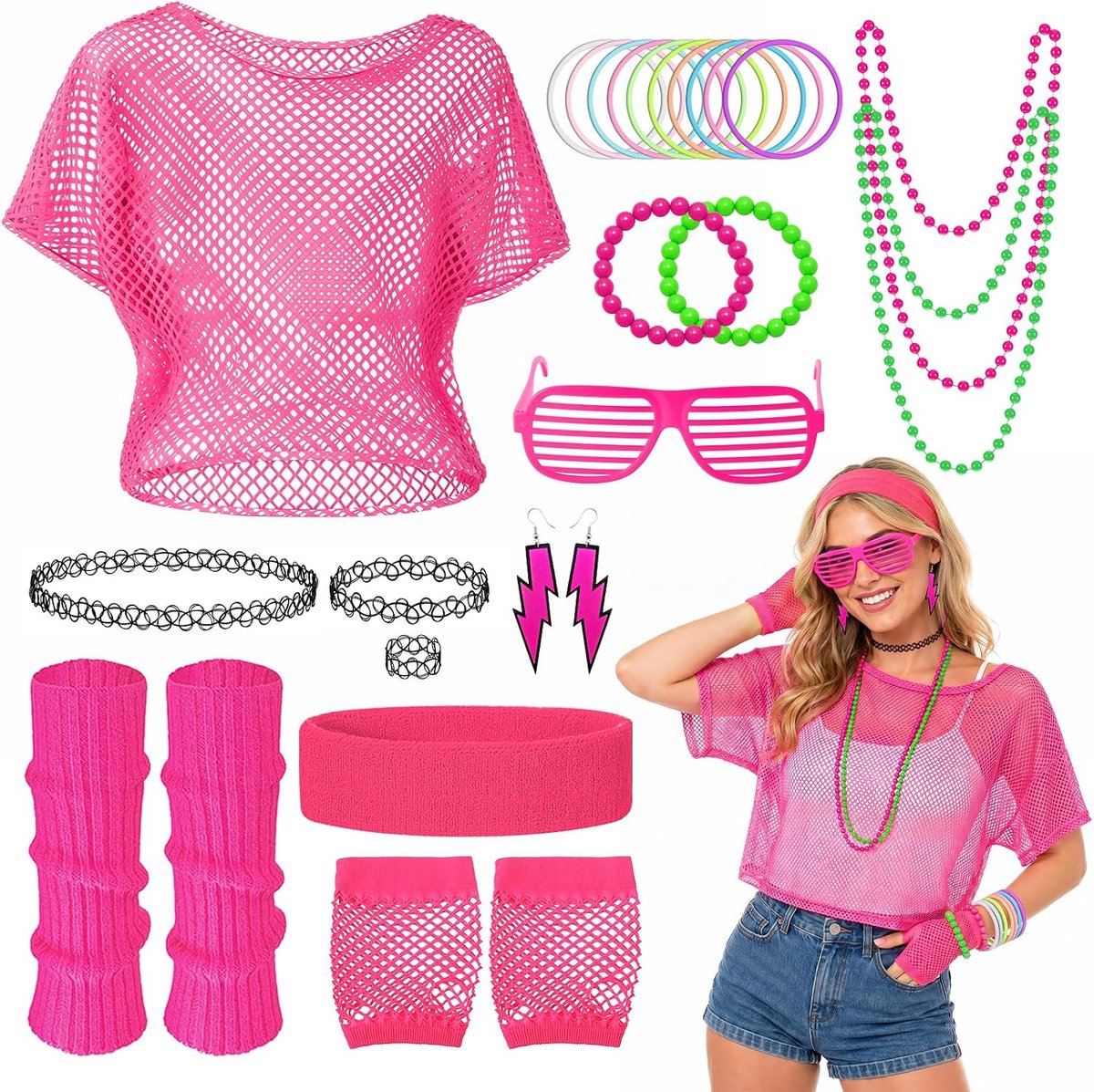 80-90-outfit voor dames, 25-delige neonkostuumaccessoireset met netshirt, beenwarmers, nethandschoenen, jaren 80-kleding voor dames, jaren 80-accessoires voor dames, voor retro themafeest