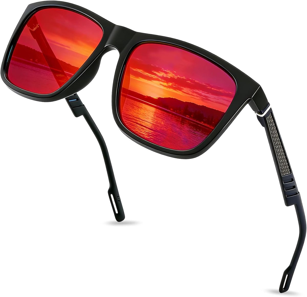 Gepolariseerde Zonnebril voor Heren en Dames, Sportbril UV400 Bescherming Klassieke Vierkante Zonnebril Lichtgewicht Frame voor Autorijden Vissen Reizen Sporten (Rood + zwart)