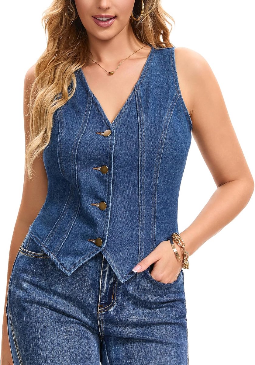 Jeansvest kort gesneden V-hals mouwloos met knoopsluiting western denim vest tops