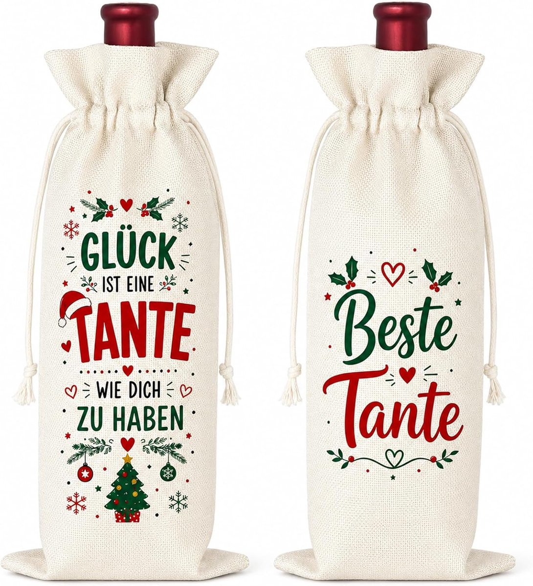 Cadeau, 2 wijnzakjes met kerstmotieven en trekkoord