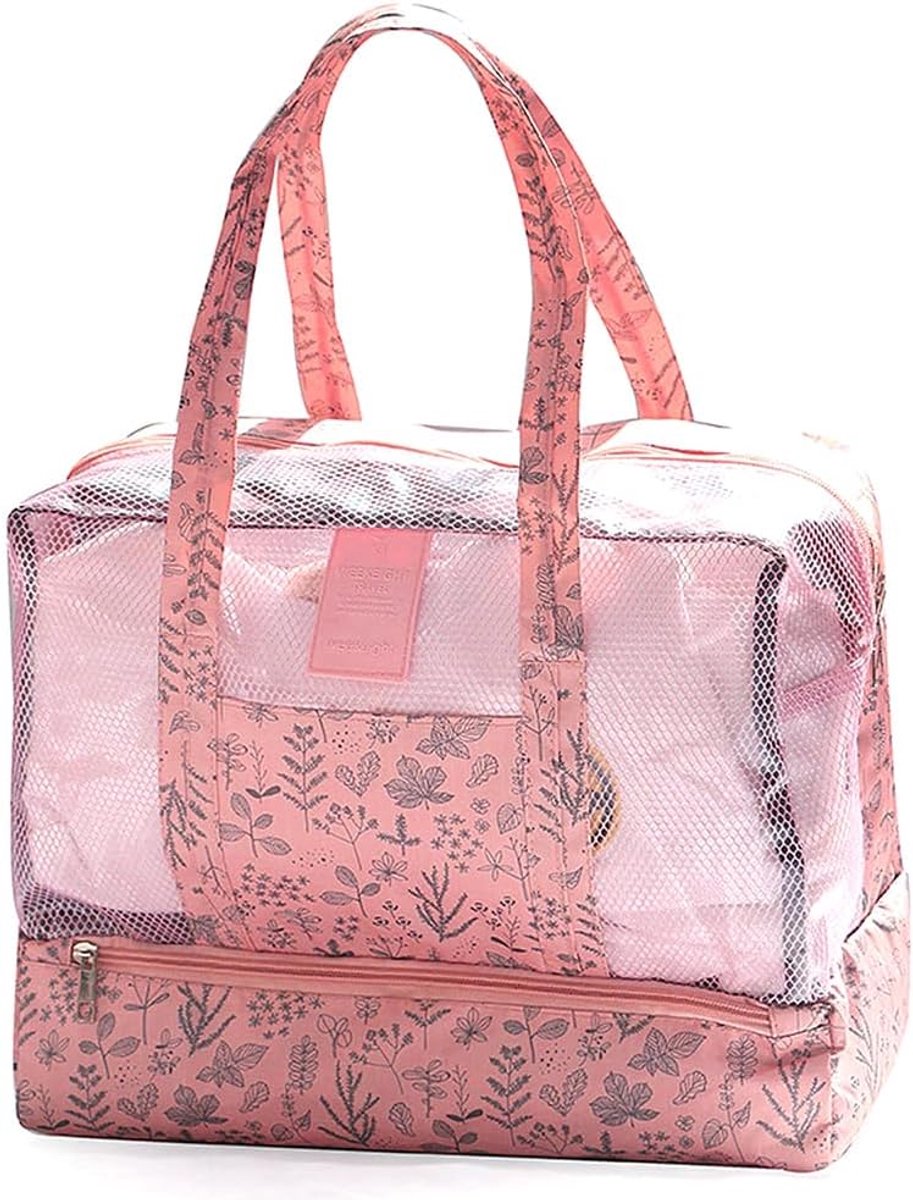 Strandtas, 36 x 29 x 18 cm, aparte natte en droge zwemtas, grote sporttas, toilettas, make-up opbergtas, reizen, boot, roze
