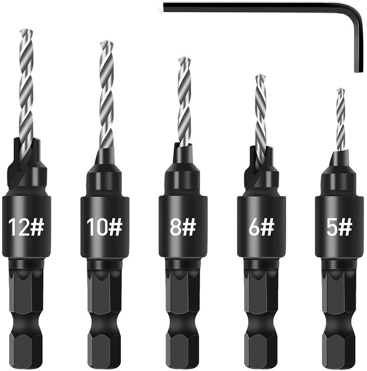 Verzinkboorset voor houtbewerking, 5-delige 1/4 inch HSS-spiraalboren met opsteekverzinker, 5/6/8/10/12# boorbitset met een L-moersleutel