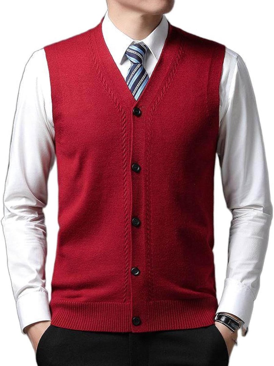 Vest Met V-Hals, Gebreid Vest Met V-Hals, Herfst En Winter Klassiek Jacquard Vest Trend Casual Effen Kleur Heren Kasjmier Gemengd Vest, Zakelijk Heren Gebreide Trui Vest Tanktops, Wijn