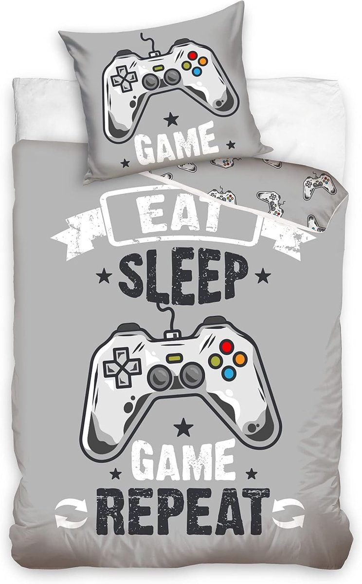 Beddengoedset, kinderbeddengoed, tienerbeddengoed voor jongens, grijs, kussensloop 80 x 80 cm + dekbedovertrek 135 x 200 cm, gamer-beddengoed, Eat Game Sleep Repeat