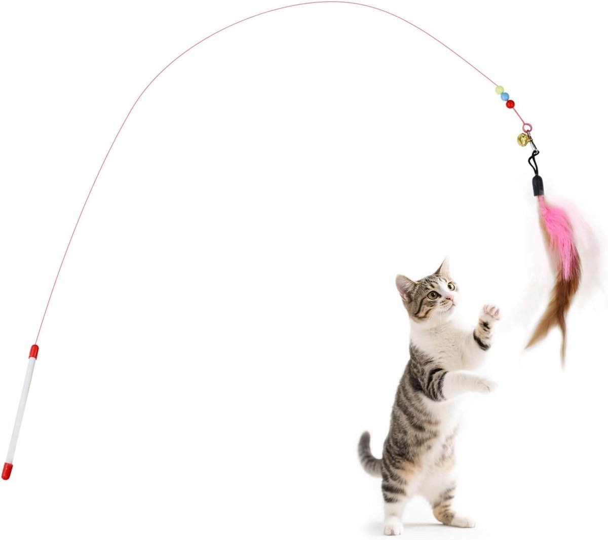 2 stuks interactieve kattenstok, kleurrijk kattenspeelgoed met bel en veren, kattentoverstaf voor kittens, katten, binnen en buiten, spelen, training (meerkleurig