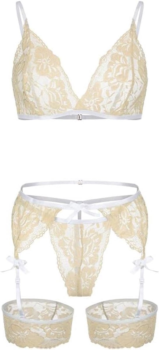 Lingeriesets dames Vrouwen Sexy Ondergoed Transparante Kanten Garters Nachtkleding V-hals set-Amarillo_3XL