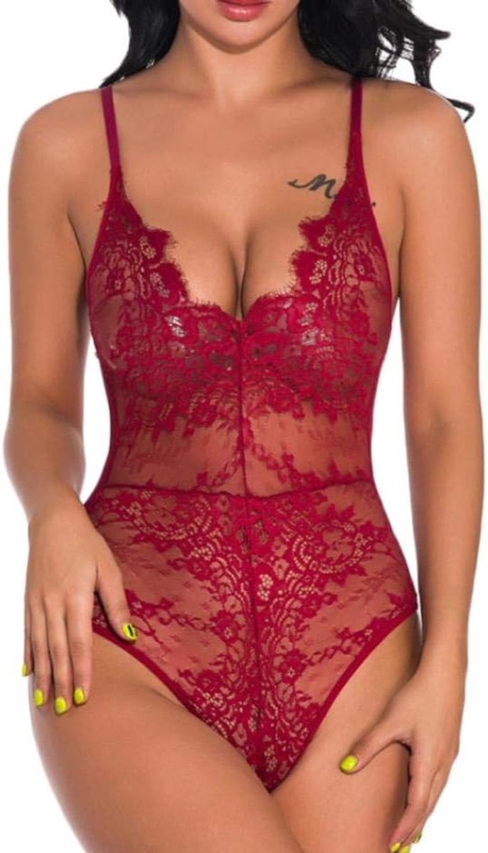 Sets met nachtmode & ochtendjas Diepe V Sexy Vrouwen Kostuums Lingerie Kant Verleiding Ondergoed Erotisch Perspectief Ladies-Wine_M