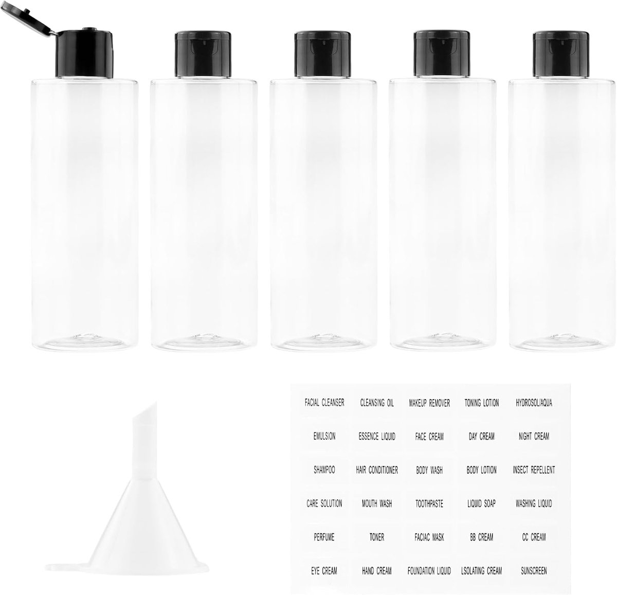 120 ml reisflessenset met flipdop (5 stuks) lege dispenser plastic flessenset, vulflessen voor cosmetica met trechter (transparant)
