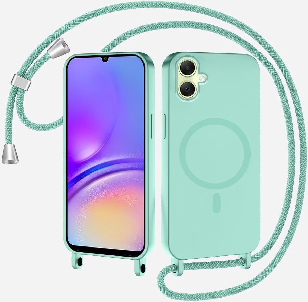 Telefoonketting voor Samsung Galaxy A05, telefoonhoes compatibel met MagSafe, siliconen touw, halsketting, telefoonhoes, PU-leer, schokbestendig, met afneembaar koord om om te hangen