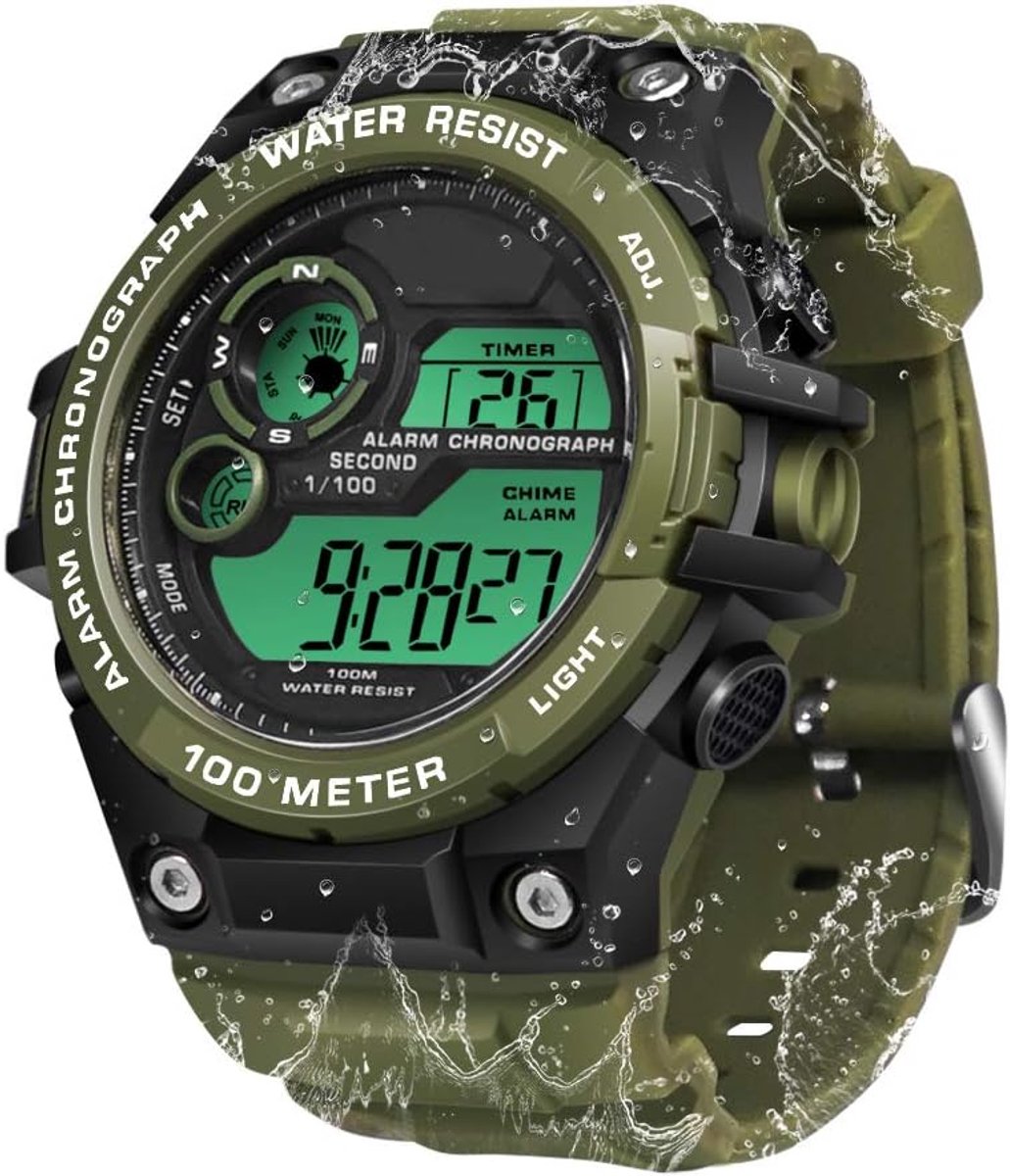 Sporthorloge voor Heren 100 Meter Waterdicht voor Zwemmen en Duiken met Stopwatch, Alarm, Timer, Dubbele Tijdzone, Kalender, Achtergrondverlichting, 12 of 24 Uursweergave