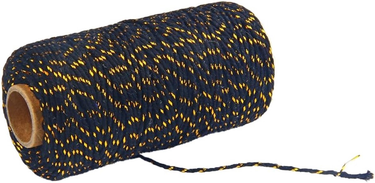 100 m/2 mm katoenen koord, 1 rol bakkersbindgaren, knutselkoord, decoratief koord, katoenen touw, handwerk, breitouw voor geschenkverpakkingen, handwerk, tuinieren, goud-zwart