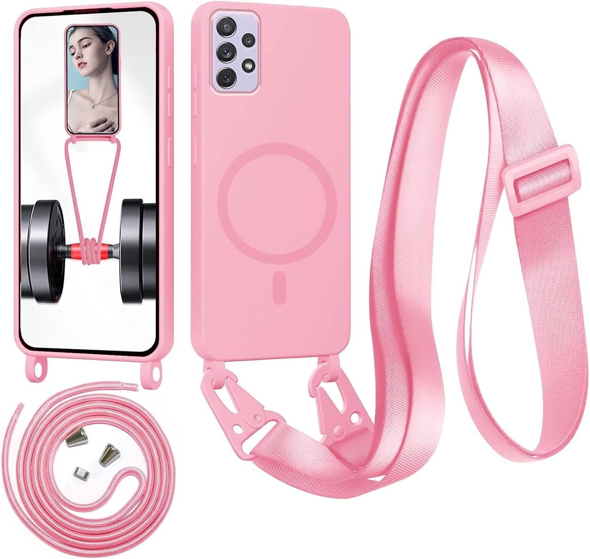 Telefoonhoesje met koord, compatibel met MagSafe, vloeibare siliconen ketting, telefoonhoes, magnetische beschermhoes om te hangen, roze