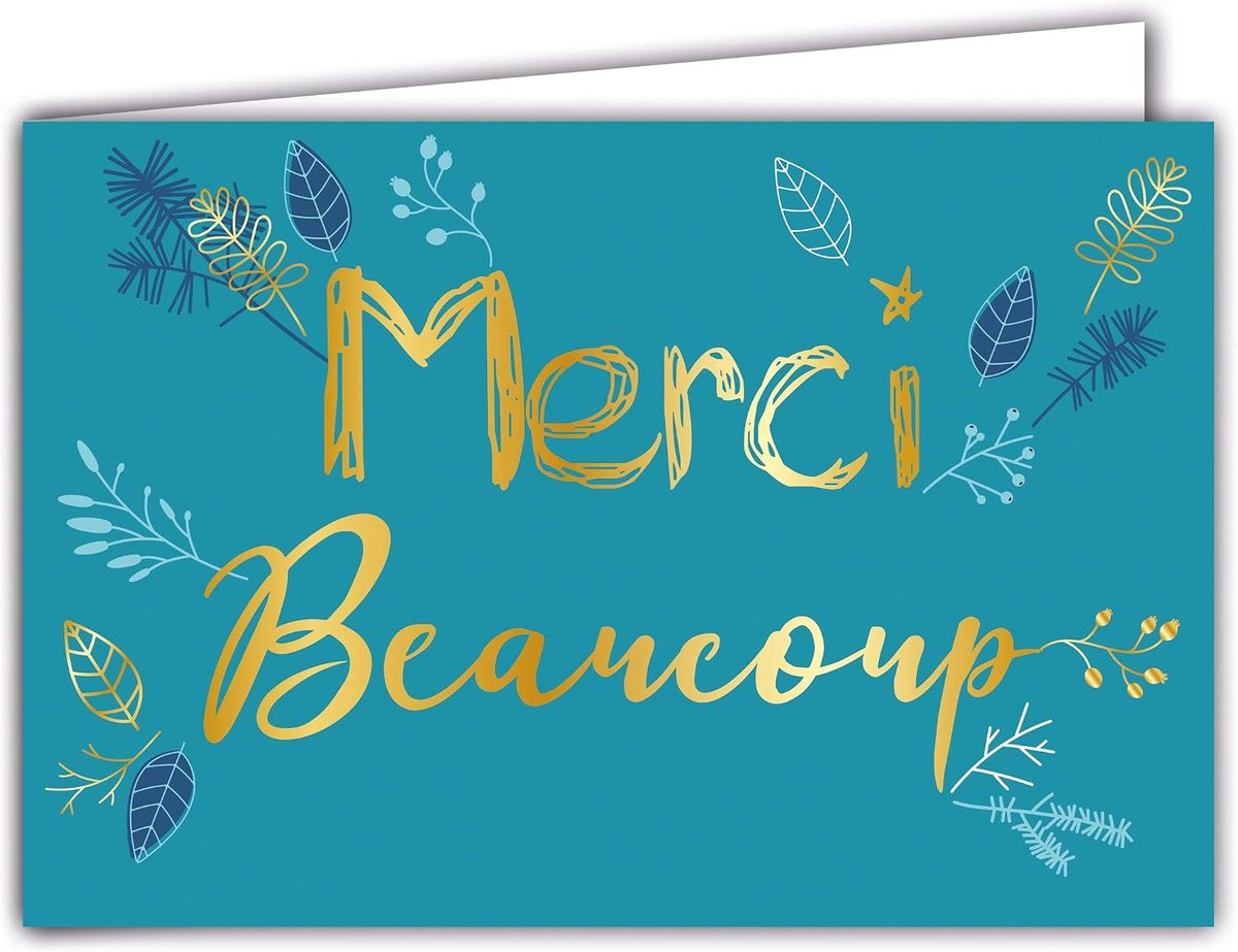 69-5128 Wenskaart MERCI in glanzend goud, boombladeren, takken, kleur eendenijzerblauw, met omslag; formaat gesloten kaart, 17 x 11,5 cm