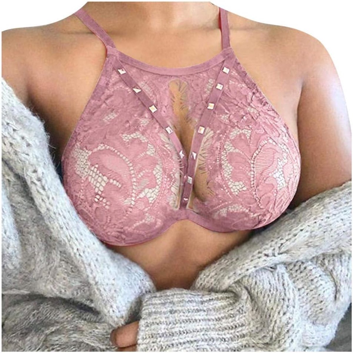 Kimono voor dames kanten robe transparant nachtkleding ochtendjas badjas lingeriesetVrouwen s Holle Kant Sexy Lingerie Bralette Diepe V Beha Sexy Lingeri Vrouwen sexy Lingerie Corset Kant Bandage-Pink