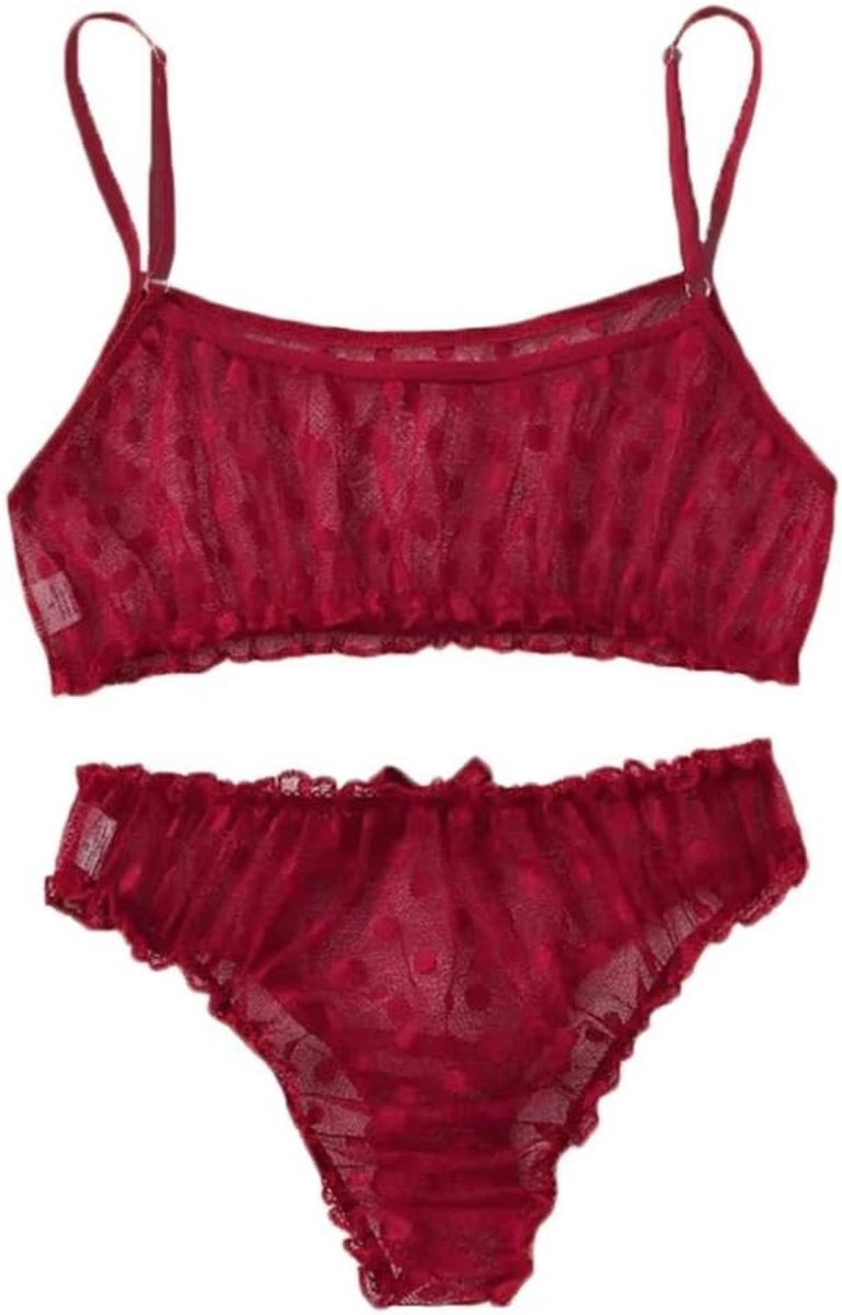 Ondergoed Vrouwen Sexy Mesh Beha Strik Onderbroek Nachtkleding Zwart Kant holle Lingerie Set S-XL-Wine_M