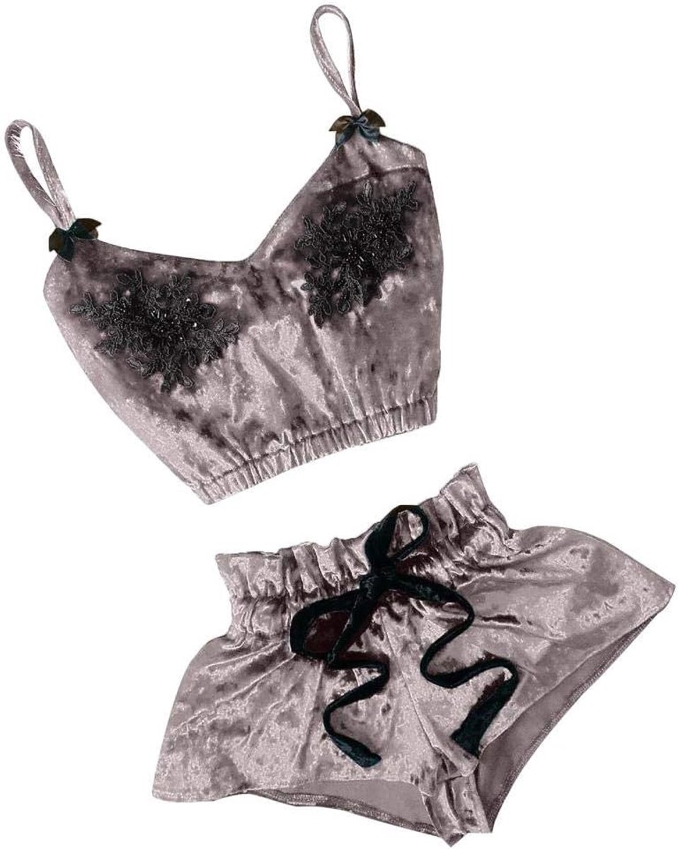 Sexy lingerie dames v-hals doorschijnende kanten kimono lingerie nachthemd ondergoed sexy set negligé jurk met stringDames pyjama set V-hals sexy hemd geborduurd slaap tops Shorts set pyjama-Grey_XXL