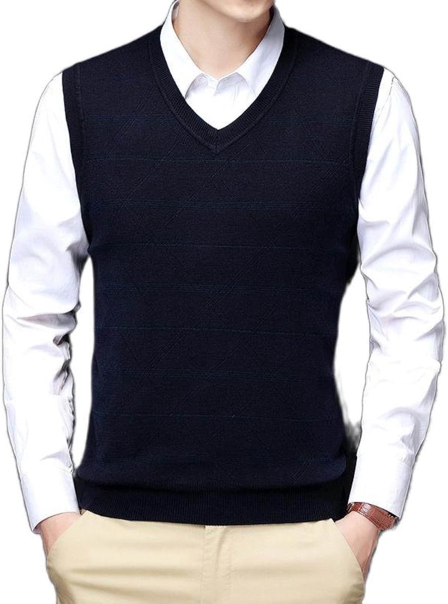 Kasjmier Vest Met V-Hals, Winter Contrasterende Kleuren Gestreept Mouwloos Gebreid Vest Pullover Trui Vest, Klassiek Zakelijk Heren Gebreide Vest Trui Tanktops, Marineblauw, S