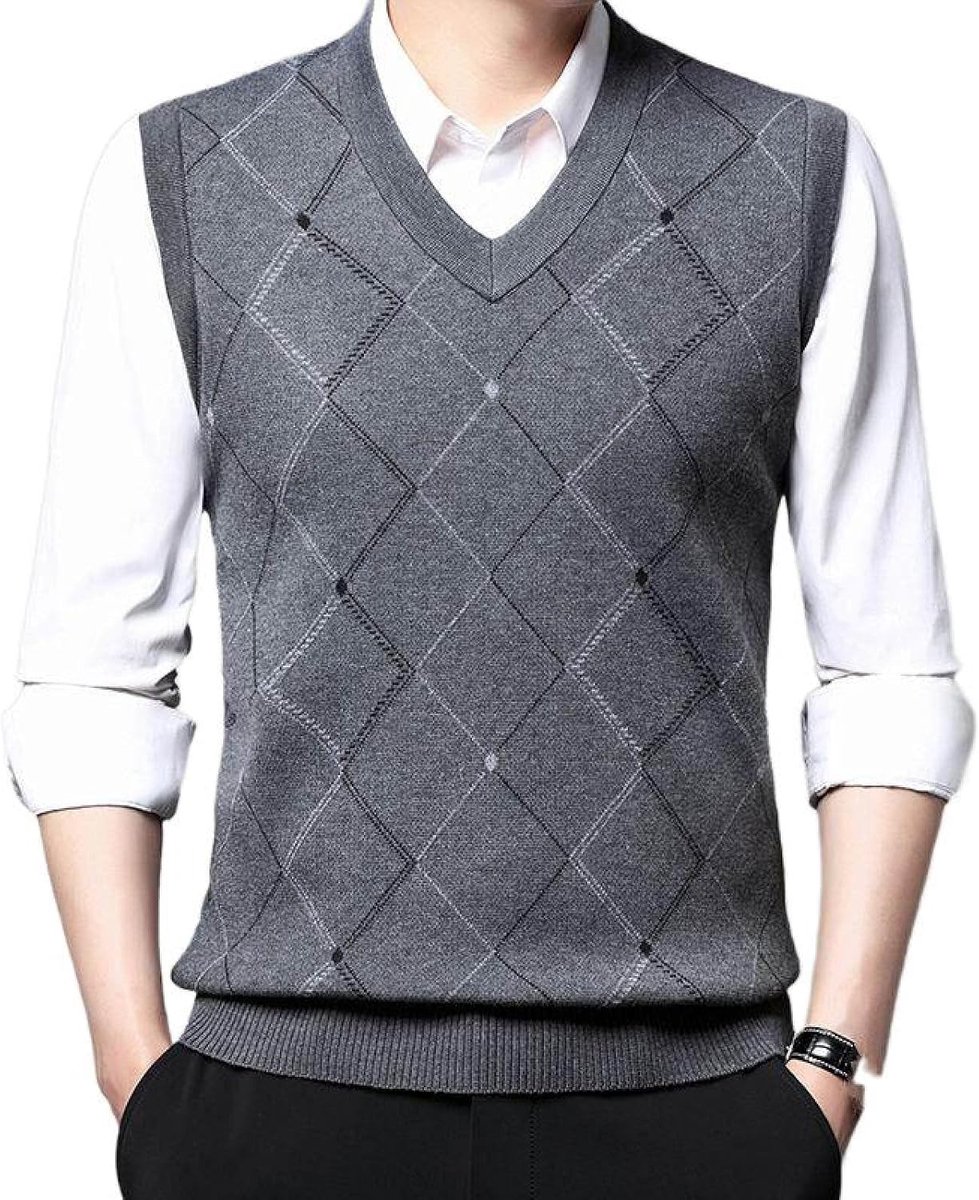Argyle Gebreid Vest Met V-Hals, Klassiek Mouwloos Casual Herenvest, Pullover-Bodemoverhemd, Zakelijk Herengebreid Vest, Gebreid Vest, Trui, Tanktops, Lichtgrijs, S
