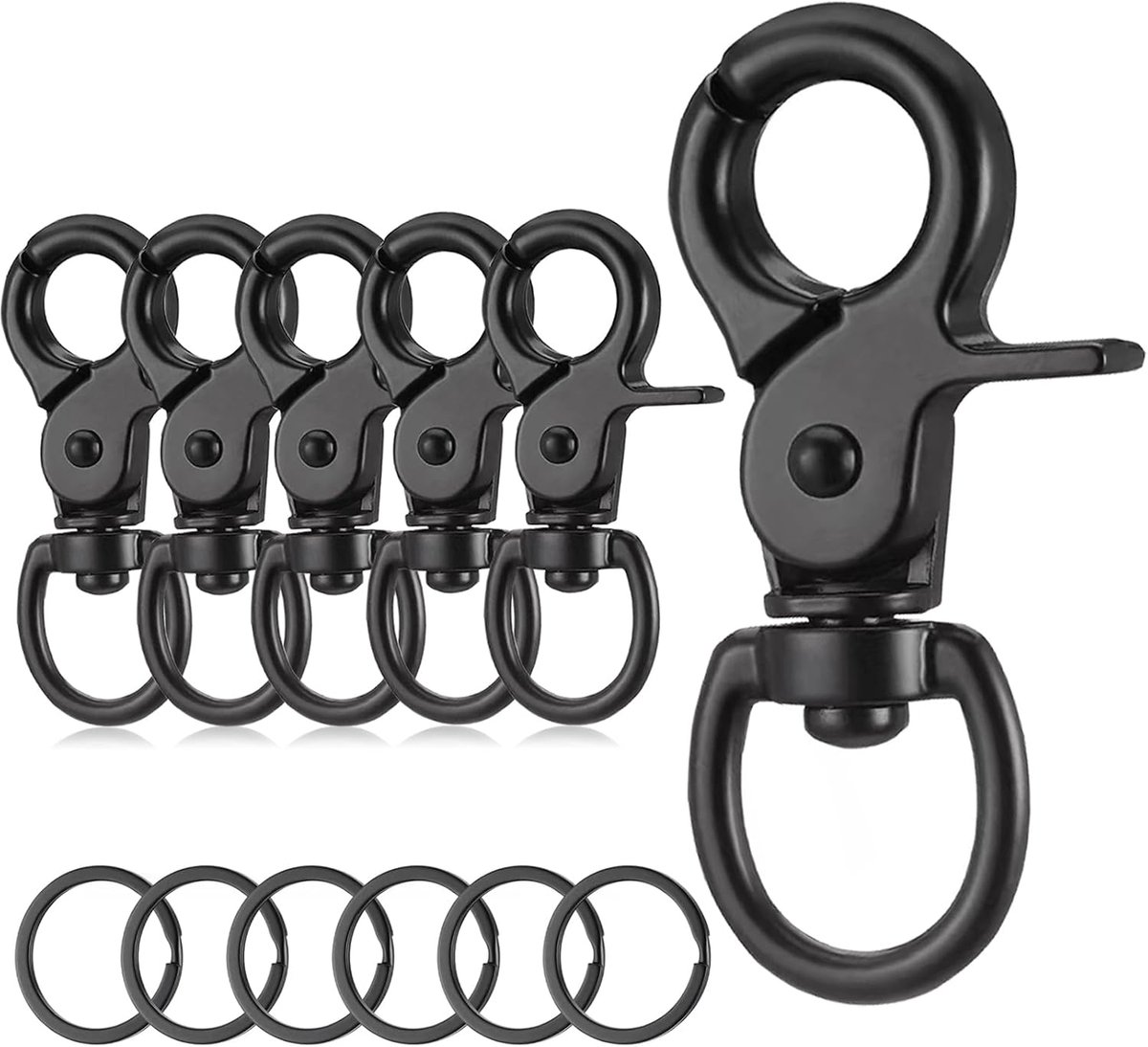 6 stuks hondenriem clips, 360° draaibare karabijnhaak met sleutelring, zinklegering zwaar belastbare hondenriem haak, zwarte kreeftsluitingen karabijnhaak voor hondenriemen, vlaggenmast, lanyard