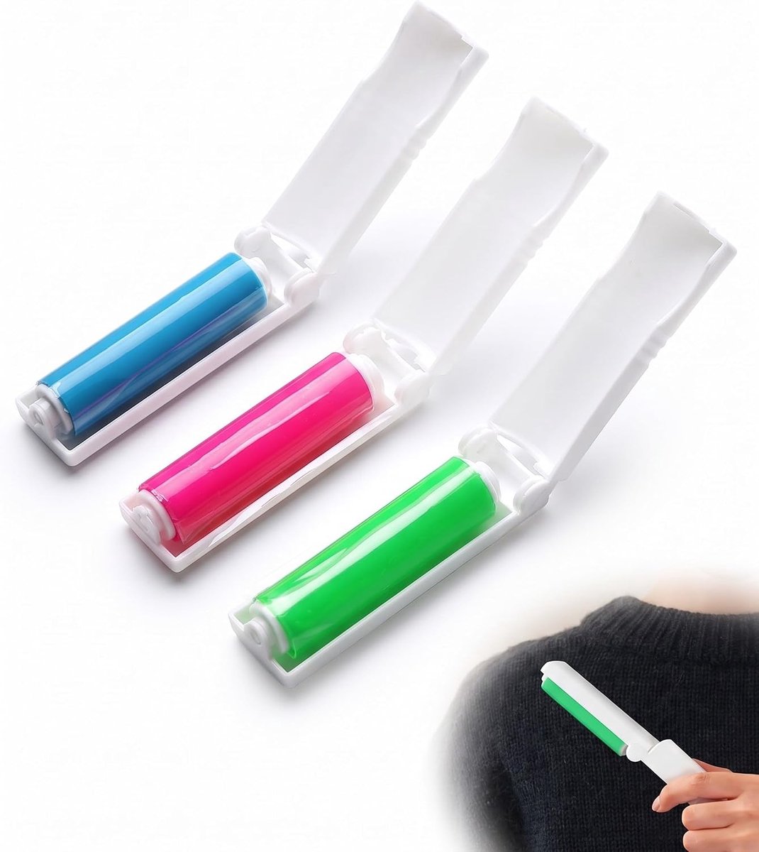 Set van 3 wasbare mini-rollers, dierenhaarverwijderaar, draagbaar, voor kleding (rood, blauw, groen), zelfklevend, herbruikbaar voor honden en katten