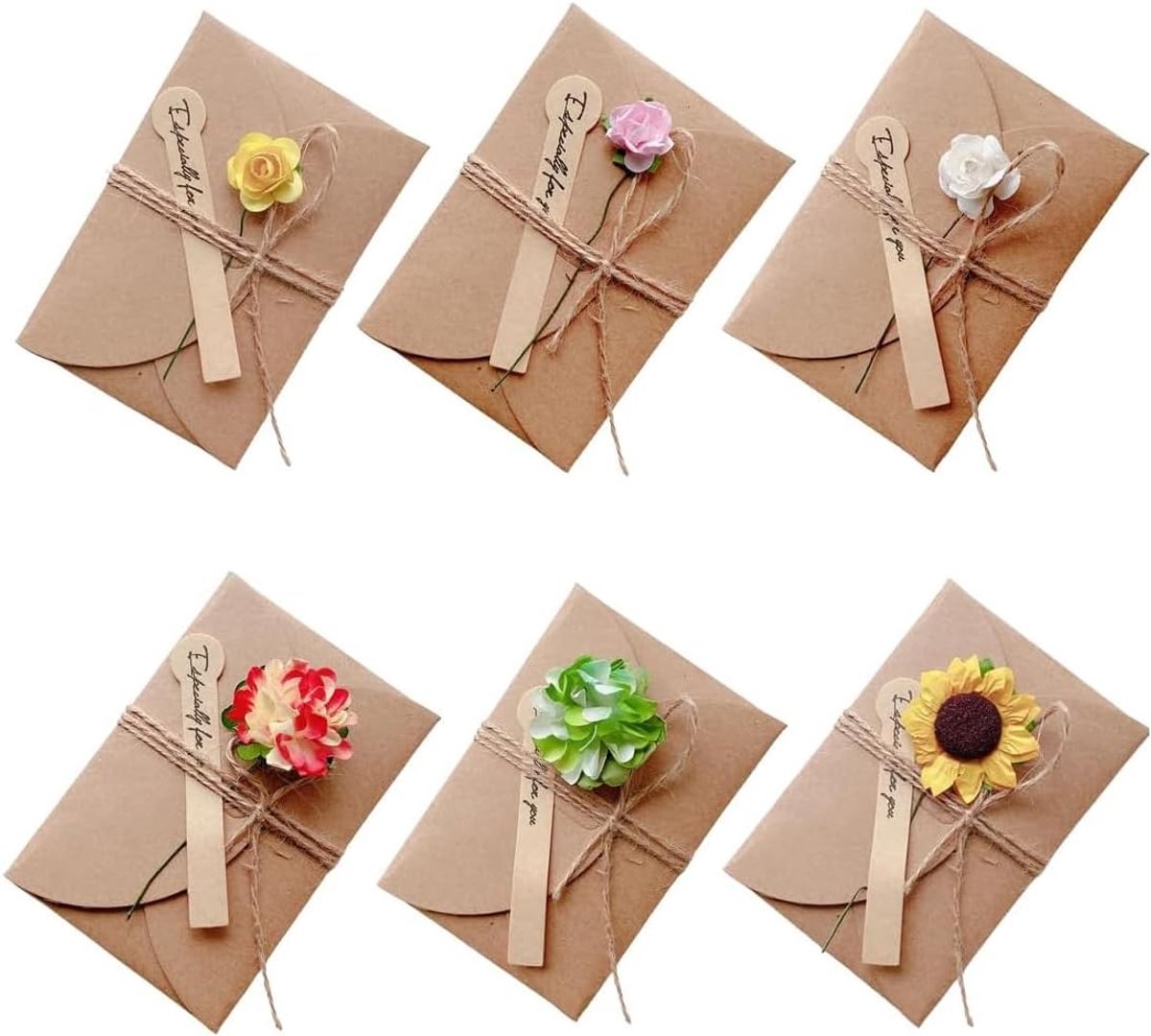 Set van 6 blanco handgemaakte retro kraftpapieren kaart en envelop blanco met gedroogde bloemen voor oogstfeest, Valentijnsdag, Moederdag, bloemen 7,1 cm x 10,5 cm