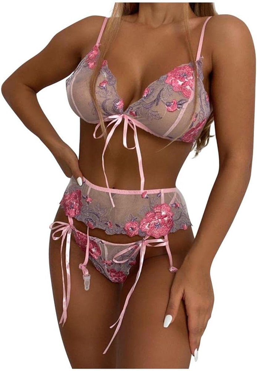 Sets met nachtmode & ochtendjas Vrouwen Sexy Ondergoed Kant Boog Kant Perspectief Borduurwerk Lingerie Kostuums Garters set