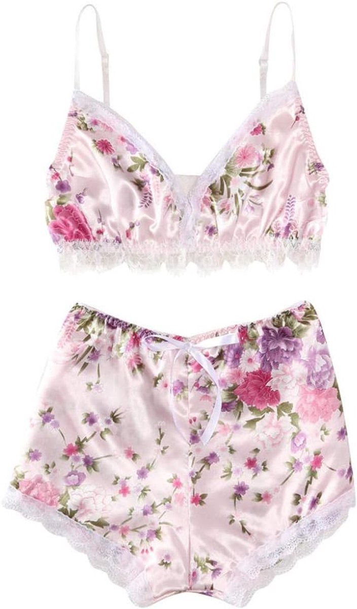 Dames Vrouwen Sexy Lingerie Plus Size Beha Slips Ondergoed Nachtkleding Verleiding Kostuum Sex Satijn Print-Pink_M
