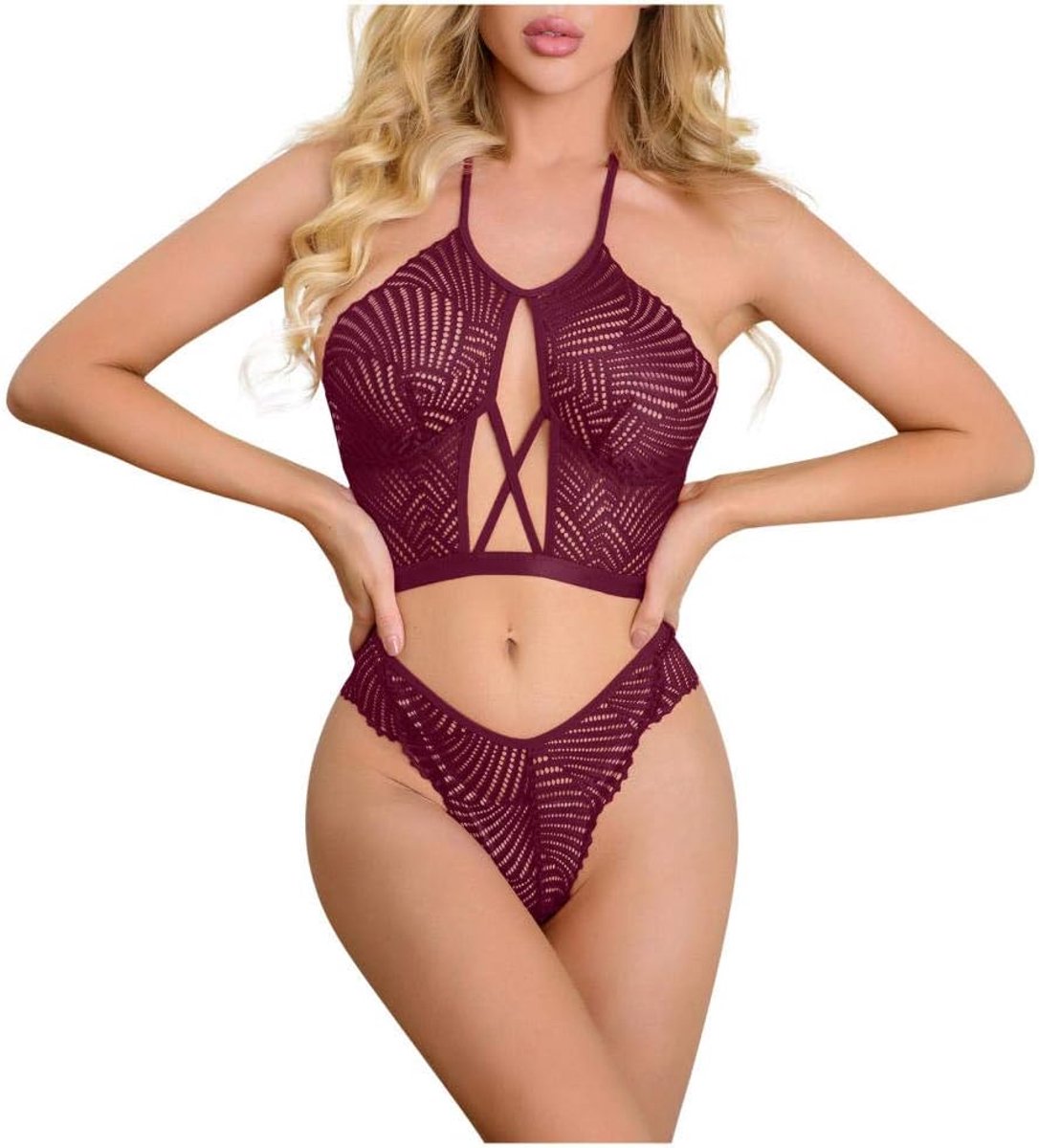 Dameskostuums S-2XL Dames Sexy Lingerie Transparant Kant Halter Ondergoed Erotische Beha Slips Nachtkleding Verleiding Hollow Out-Wine_L