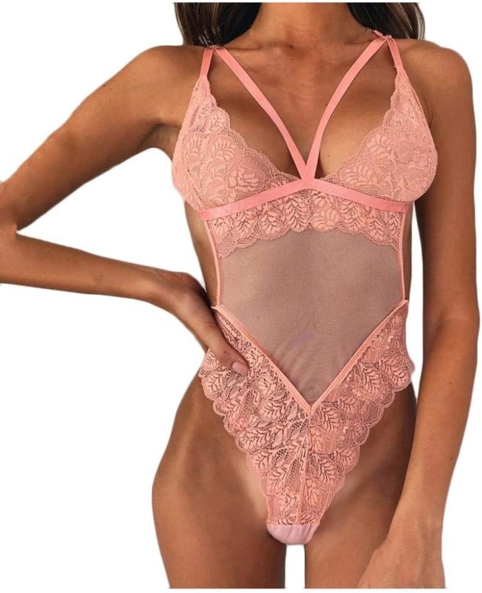 Dameskleding Sexy Lingerie Erotische BH String Backless Ondergoed Dames Kant Transparant Nachtkleding Costume-Pink_S