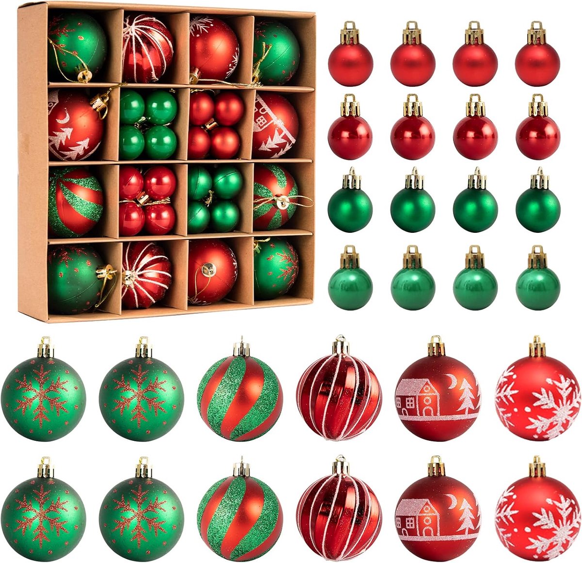 Kerstballen van kunststof, weerbestendige kerstballen, voor festivaldecoraties kerstboomversiering, traditioneel thema rood groen
