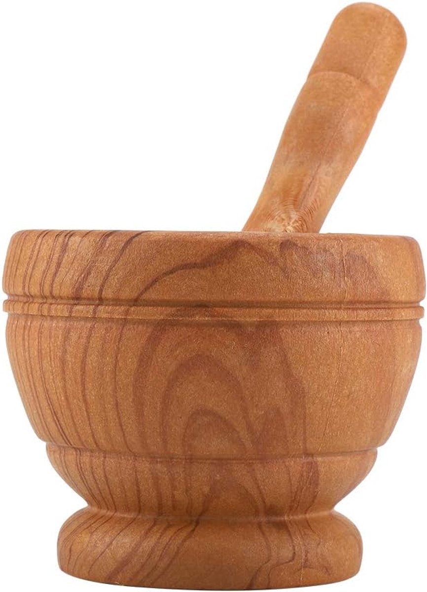 Vijzel Stamper Set, Handmatige Knoflookmolen Kruiden Kruiden Vijzel Stamper Set Handgemaakte Marmeren Vijzel en Stamper voor Thuis Keuken(Houten)