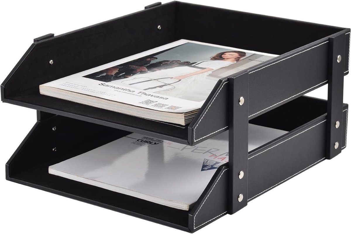 Bureau-organizer van leer, stapelbare kantoormap, documentenvak voor documenten, mappen, briefpapier, tijdschriften, post, thuis, kleinigheden, bureauorganisatie, houder (zwart)