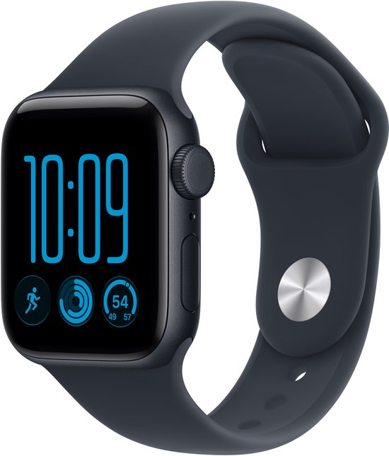 Donkerblauwe Apple Watch SE met een zwart scherm, digitale kroon en marineblauwe band. Het scherm toont 10:09.