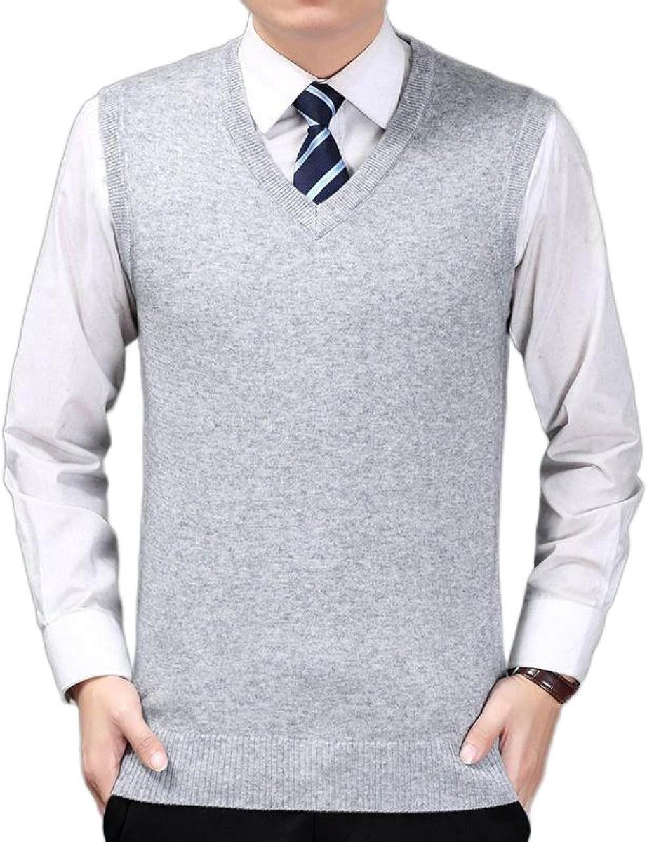 Herfst En Winter Herenvest Met V-Hals Pullover Trui, Jeugd Mouwloos Herenvest Effen Kleur Gebreid Truivest, Klassiek Zakelijk Heren Breigoed Gebreid Vest Trui Tanktops, Lichtgrijs, S