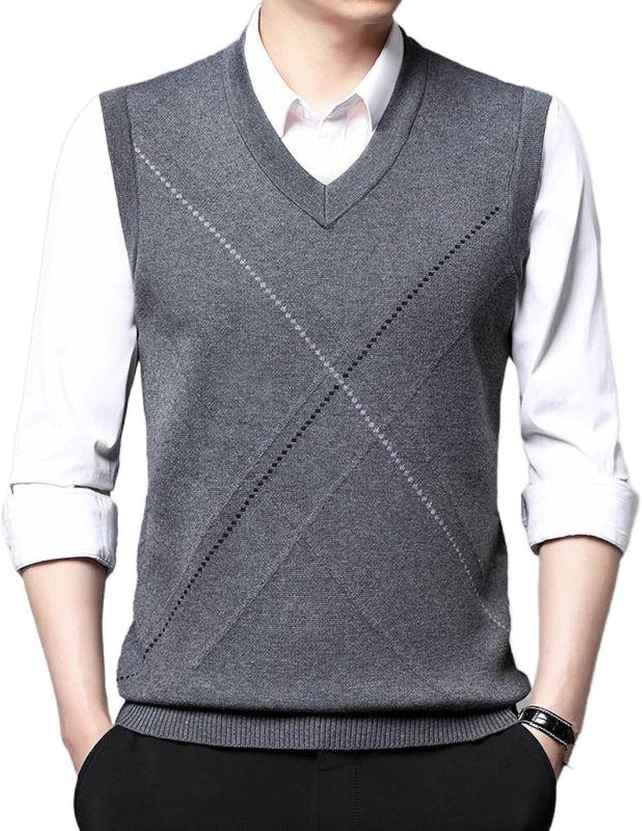 Herenvest Met Geruite Print En V-Hals, Klassiek Mouwloos Vest Kleurcontrast Heren Kasjmier Trui Vest Herenkleding, Zakelijk Heren Breigoed Gebreid Vest Trui Tanktops, Lichtgrijs, S