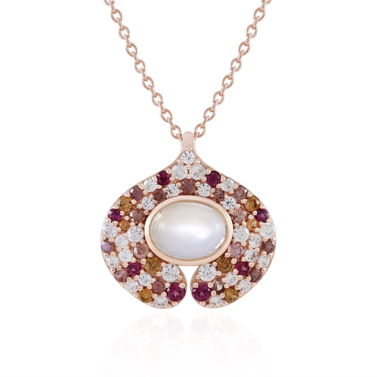 Cavill - Zilveren Ketting 925 Sterling Zilver Roségoud Verguld - Witte Maansteen Cabochon 8x6 mm - Roze Zirkonen & Rhodoliet - Verstelbaar