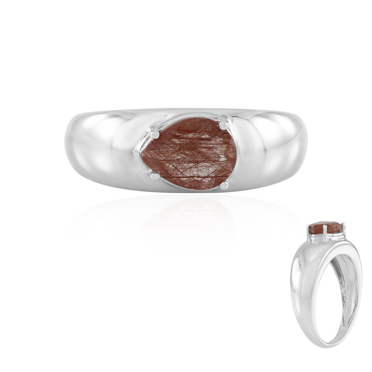 Cavill - 925 Sterling Zilver Ring - Gerhodineerd - 1,258 ct Peervormige Koperen Rutielkwarts - Elegante Open Band - Luxe Braziliaanse Edelsteen