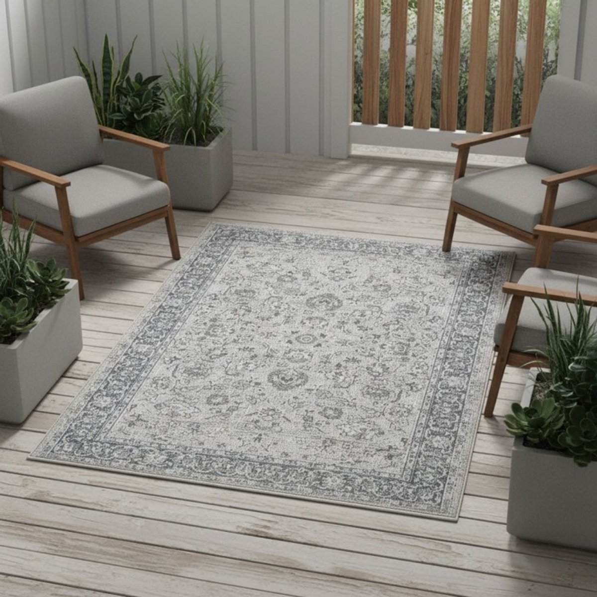 TapisTrend Buiten- en terraskleden Beigegrijs 80x150 cm Vintage oosters - tapijt met bloemenpatroon, geschikt voor binnen- en buitengebruik, voor de woonkamer en het terras