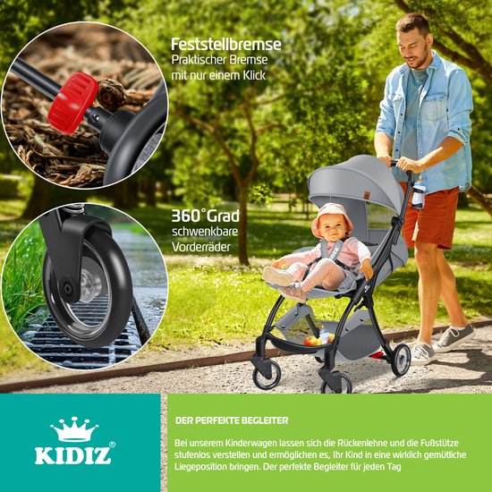 KIDIZ® Kinderwagen Premium - inklapbare buggy met ligstand - 360° wielen en 5-puntsgordel - grijs van Kidiz — afbeelding 3