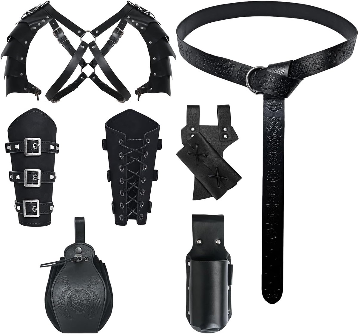 6 stuks middeleeuwse kleding voor heren, accessoireset, Viking Renaissance ridderdecoratie met riem, armbeschermers, riemtas, schouderpantser voor Halloween en carnaval